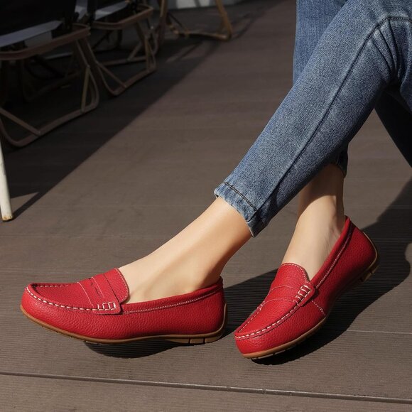 Kordal Women's Red Leather Comfortable & Lightweight Penny Loafers Flats - Picture 6 of 9